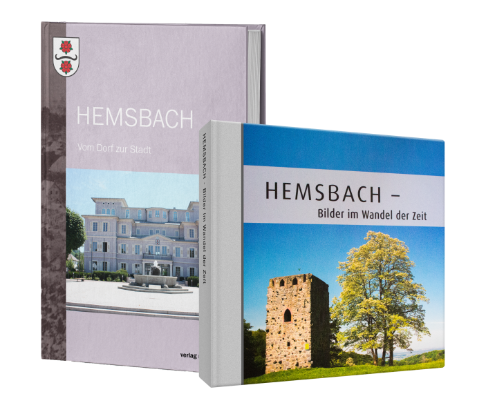zeigt: Aufname zweier Hardcover Bücher über die Stadt Hemsbach, zum einen Hemsbach vom Dorf zur Stadt und zum anderen Hemsbach - Bilder im Wandel der Zeit