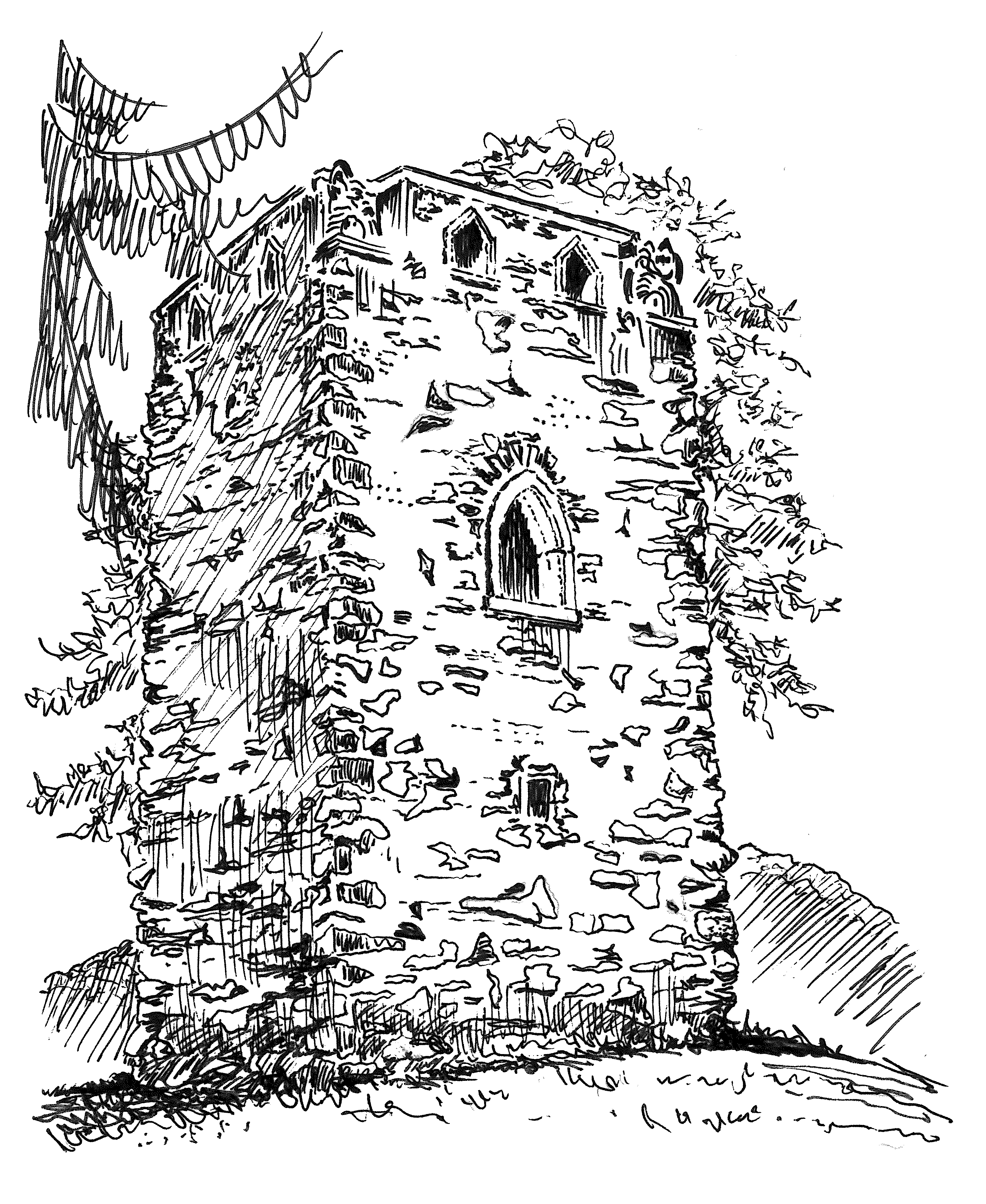 Schwarz-weiß Zeichnung vom Waldnerturm (Vierritterturm)